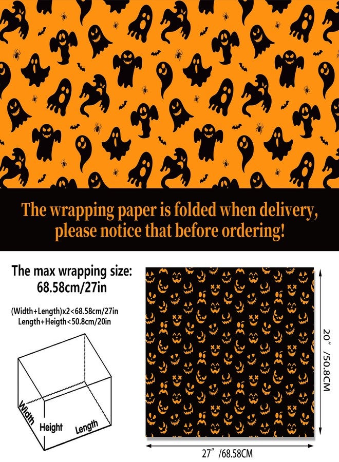 HOWAF 12 Sheets Halloween Wrapping Paper, Black Orange Halloween Gifts Wrapping Paper for Hallows' Eve Party Gift Packing, Bat Spider Web Pumpkins Ghost Gift Wrap Papers Sheets - Image 3